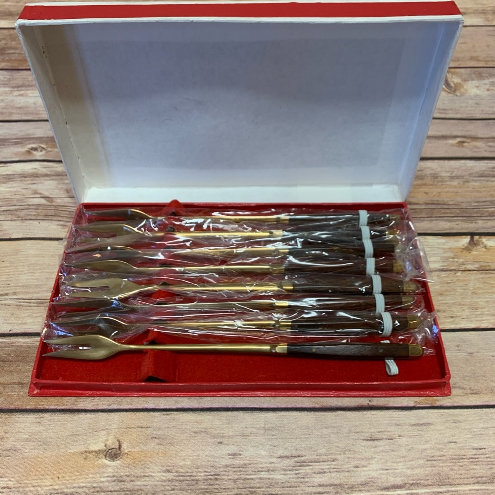 Rosewood Handle Fondue Forks Gold Tone Gift Box